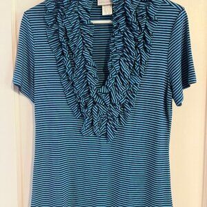 Blue Striped Soft Surroundings Top with Ruffled Neckline
